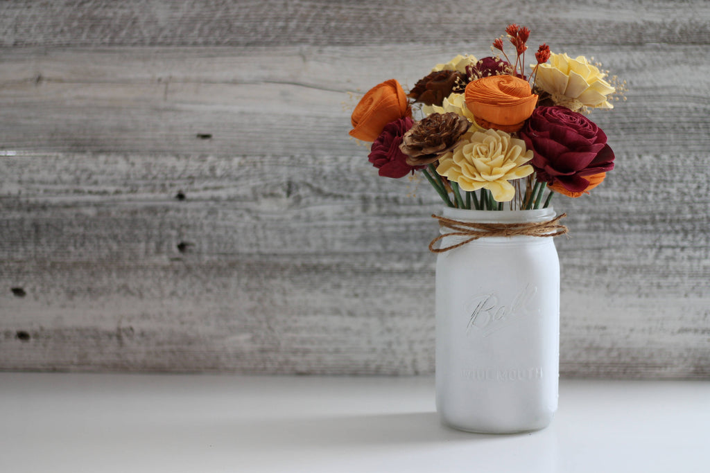 Fall Wooden Flower Arrangement - PineandPetalWeddings
