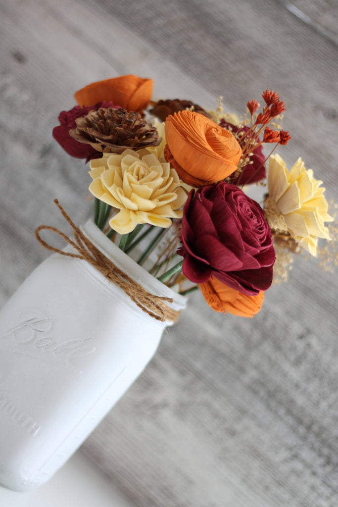 Fall Wooden Flower Arrangement - PineandPetalWeddings