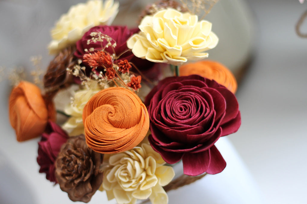 Fall Wooden Flower Arrangement - PineandPetalWeddings
