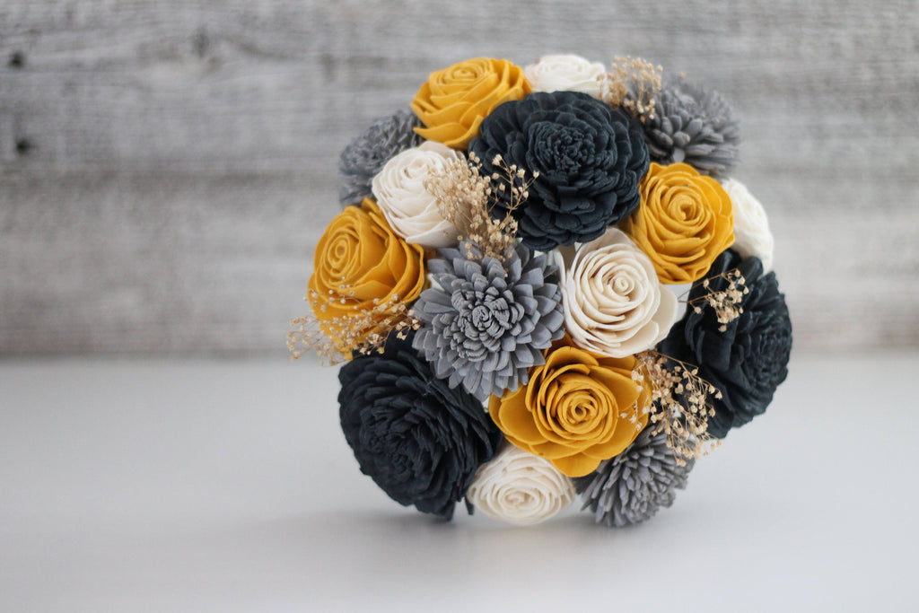 Charcoal and Yellow Wooden Flower Bouquet - PineandPetalWeddings