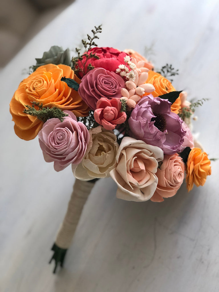 Golden, Lilac and Corals Bouquet - PineandPetalWeddings