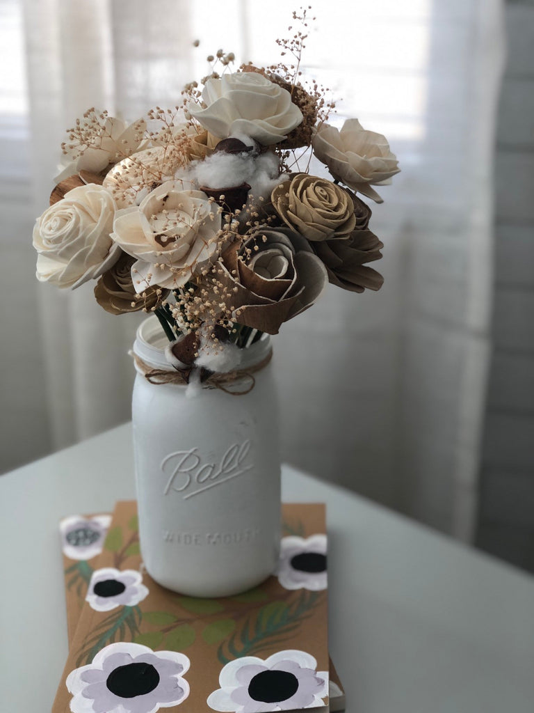 Rustic Cotton Wood Flower Arrangement - PineandPetalWeddings