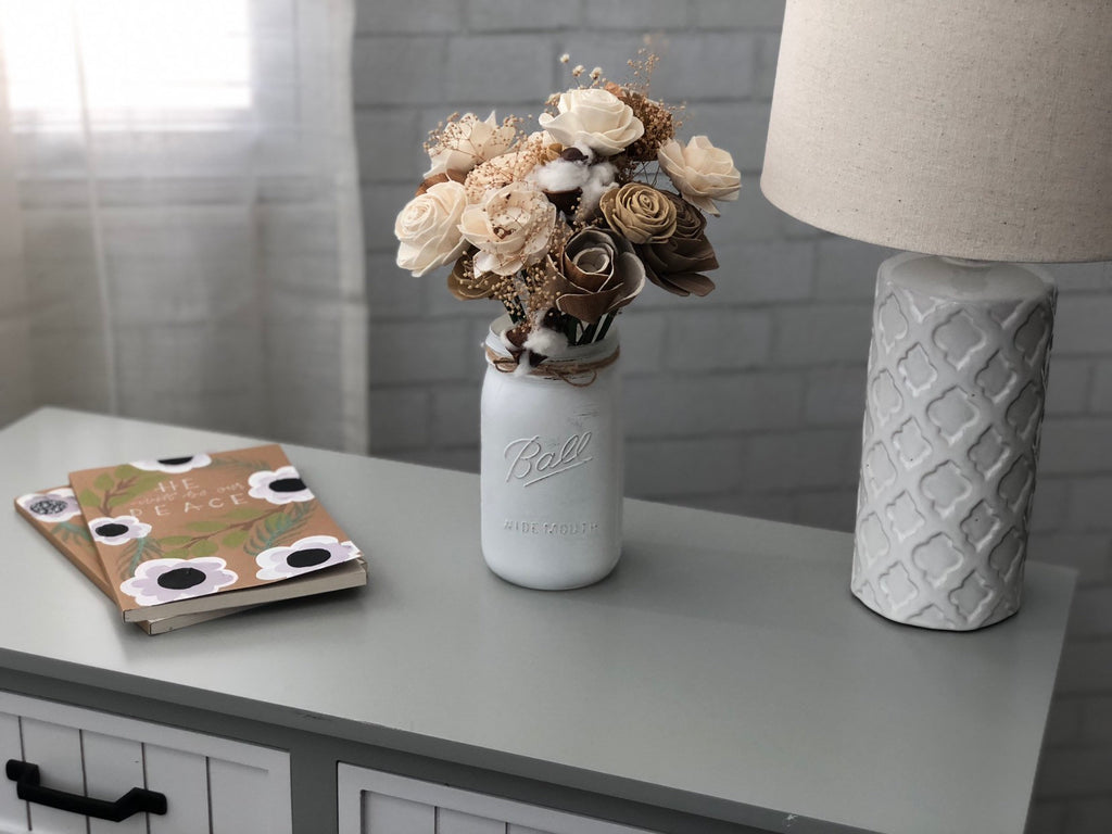 Rustic Cotton Wood Flower Arrangement - PineandPetalWeddings