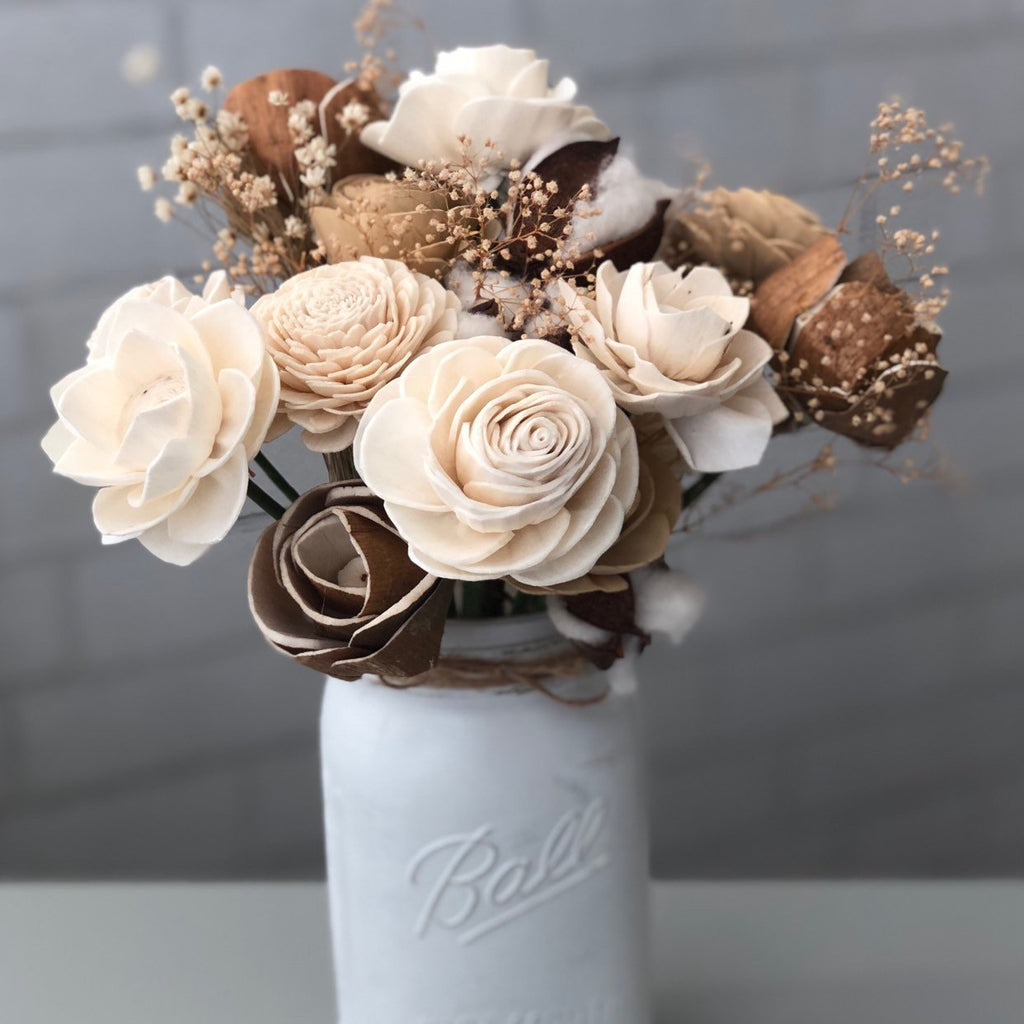 Rustic Cotton Wood Flower Arrangement - PineandPetalWeddings