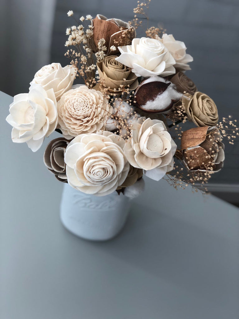 Rustic Cotton Wood Flower Arrangement - PineandPetalWeddings