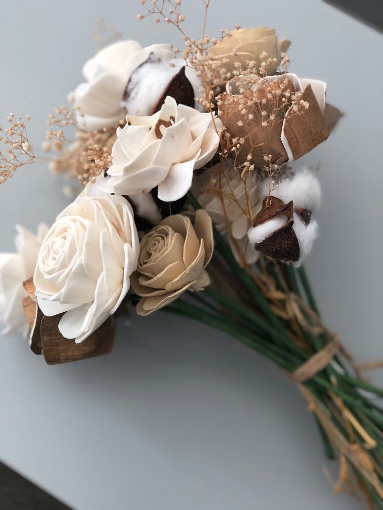 Rustic Cotton Wood Flower Arrangement - PineandPetalWeddings