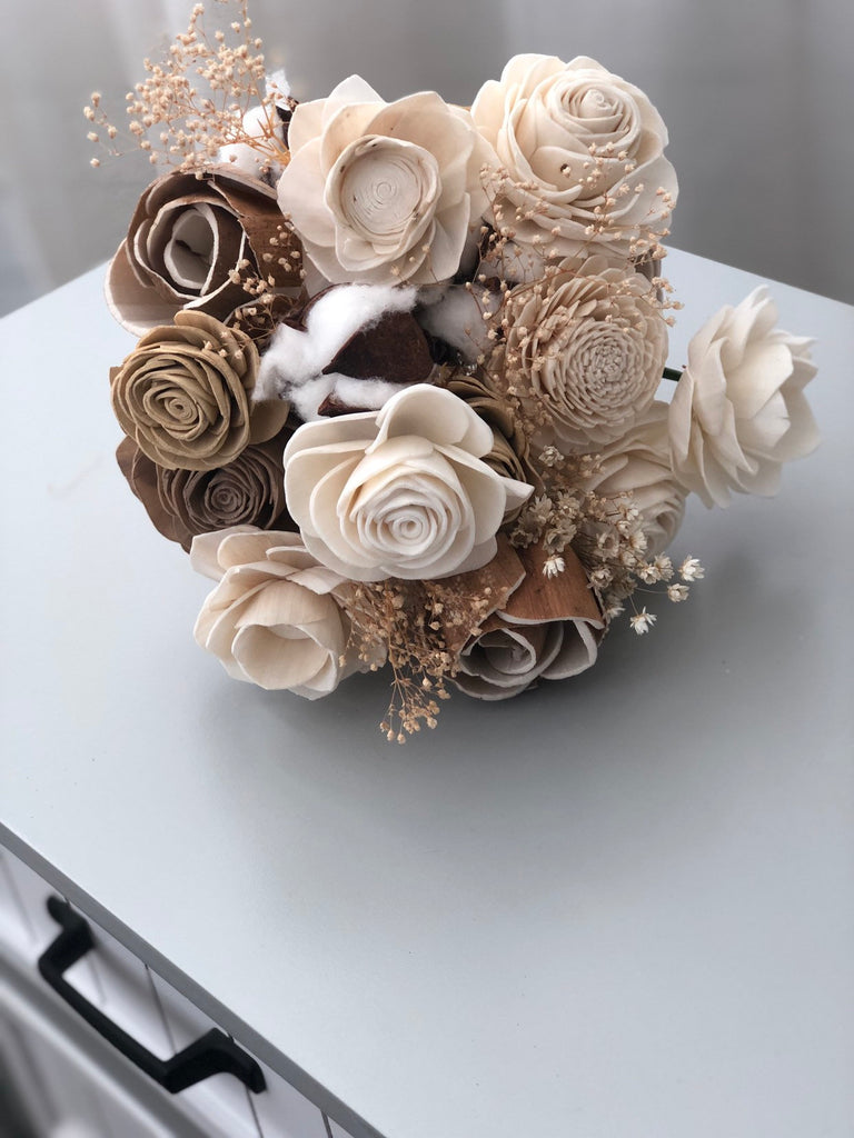 Rustic Cotton Wood Flower Arrangement - PineandPetalWeddings