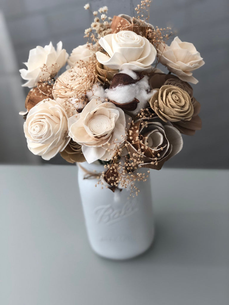 Rustic Cotton Wood Flower Arrangement - PineandPetalWeddings