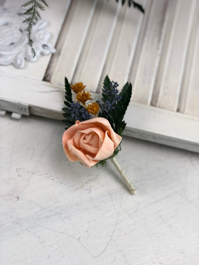 Peaches and Dream Rose Boutonniere - PineandPetalWeddings