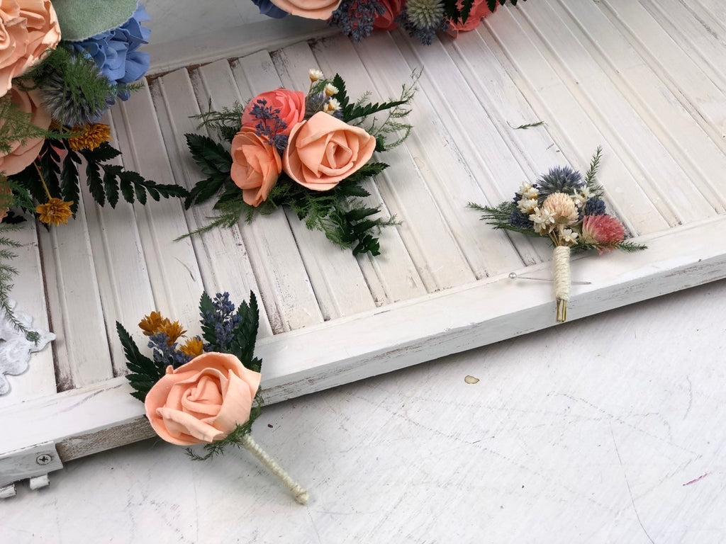 Peaches and Dream Rose Boutonniere - PineandPetalWeddings