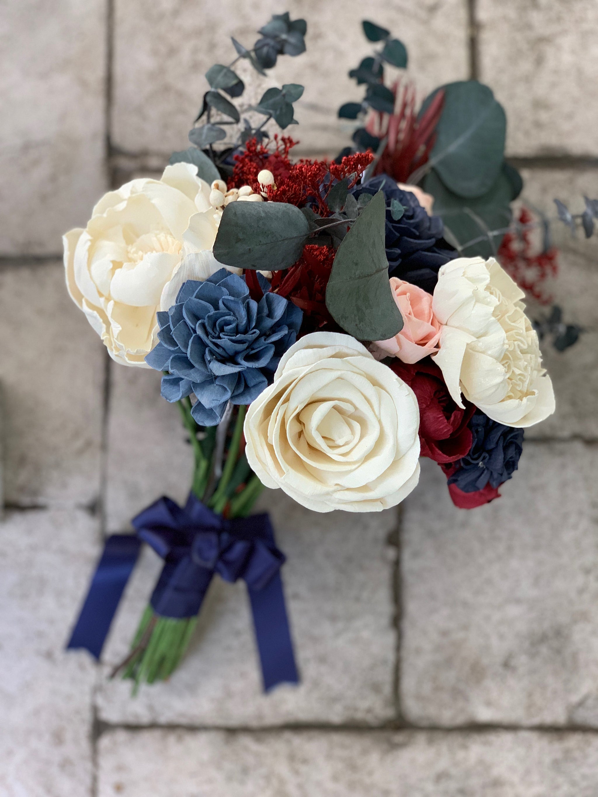 Burgundy, Navy and Blush sola flower wedding Bouquet  Pine and Petal  Weddings