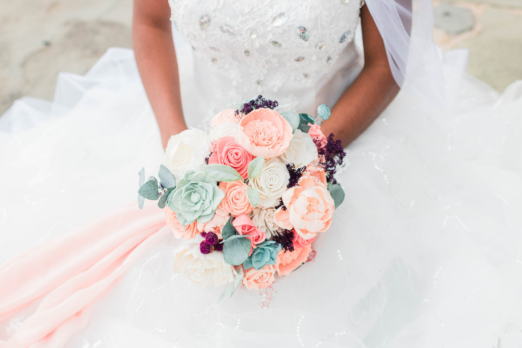 Coral, Peach, Mint, Plum Wedding Bouquet - PineandPetalWeddings