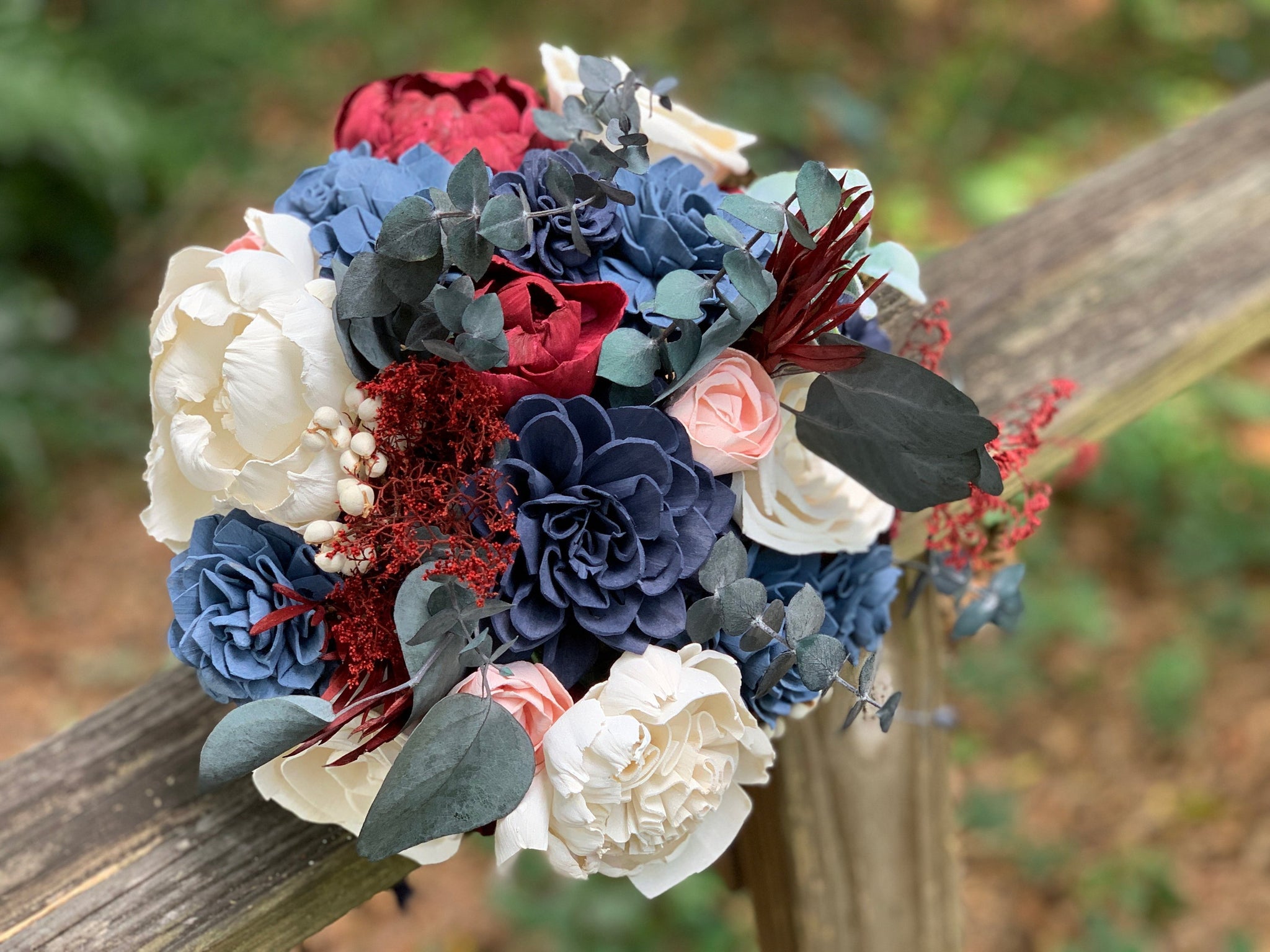 Burgundy and navy sola bouquet, winter buy sola bouquet, wine and dark blue flowers