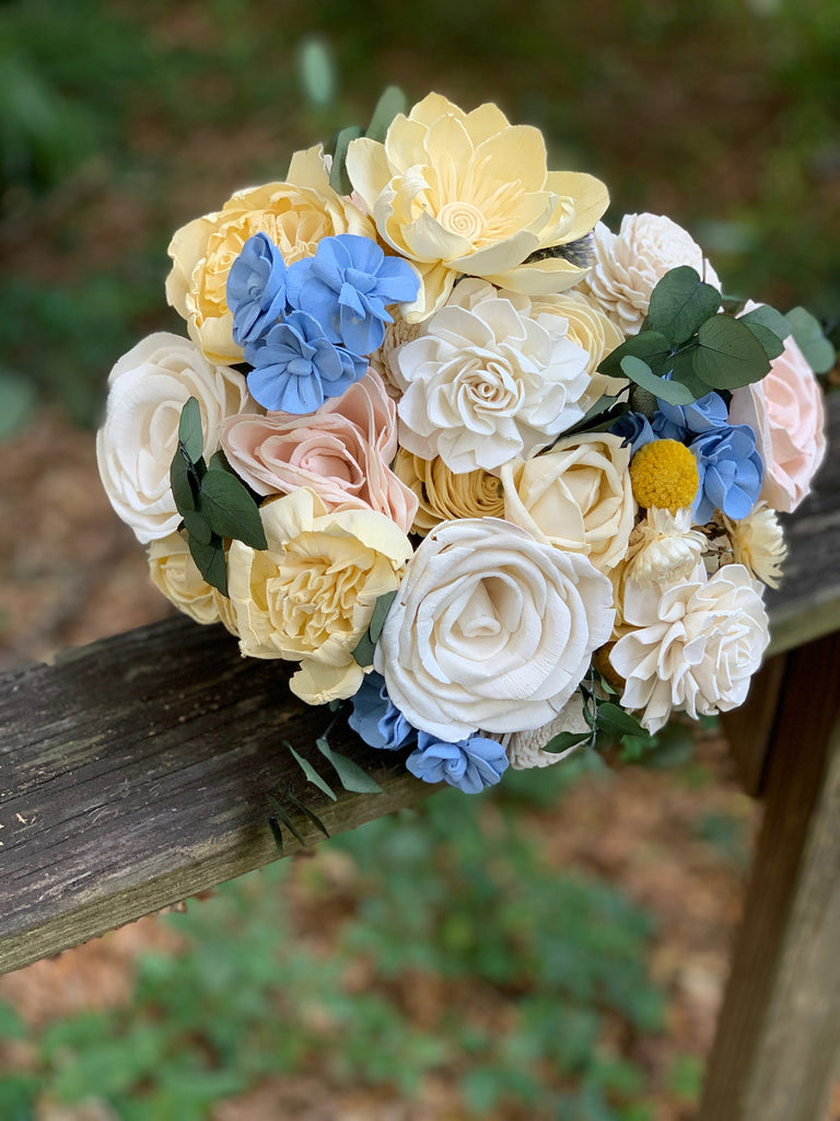 Blue, Yellow and Blush Bouquet - PineandPetalWeddings
