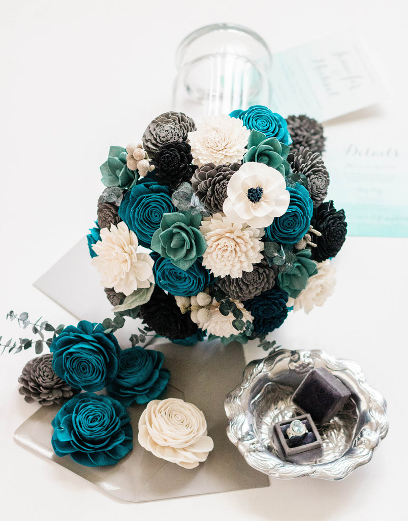 Teal, Grey and White Bouquet - PineandPetalWeddings