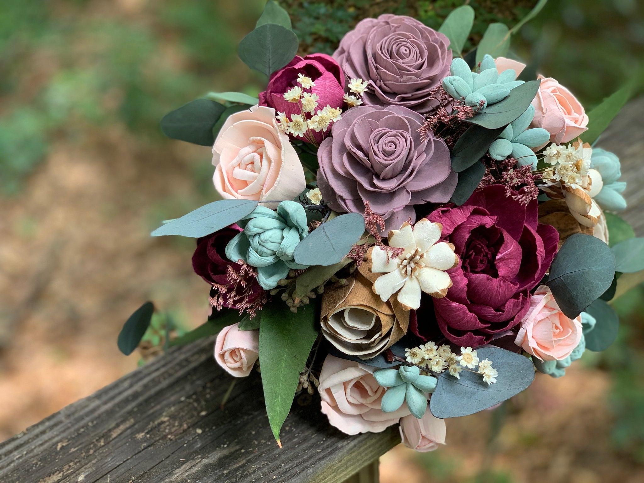 Burgundy Wine, Mauve, Blush with Eucalyptus sola wood flower bouquet – Pine  and Petal Weddings, image size:2048x1536