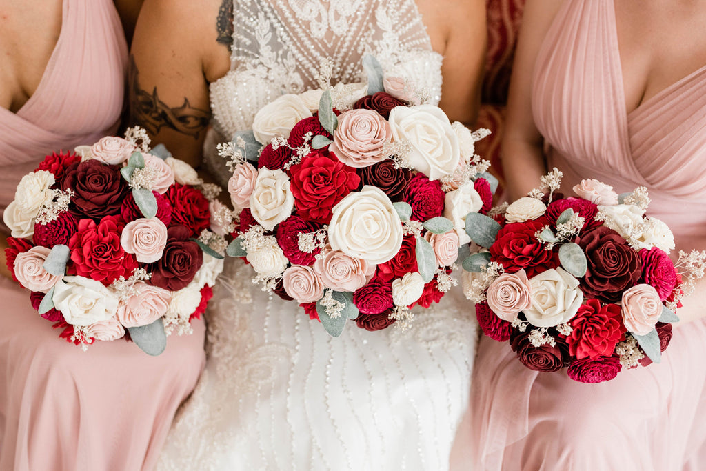 Classic Bridesmaid Sola Flower Bouquet Red & Blush - PineandPetalWeddings