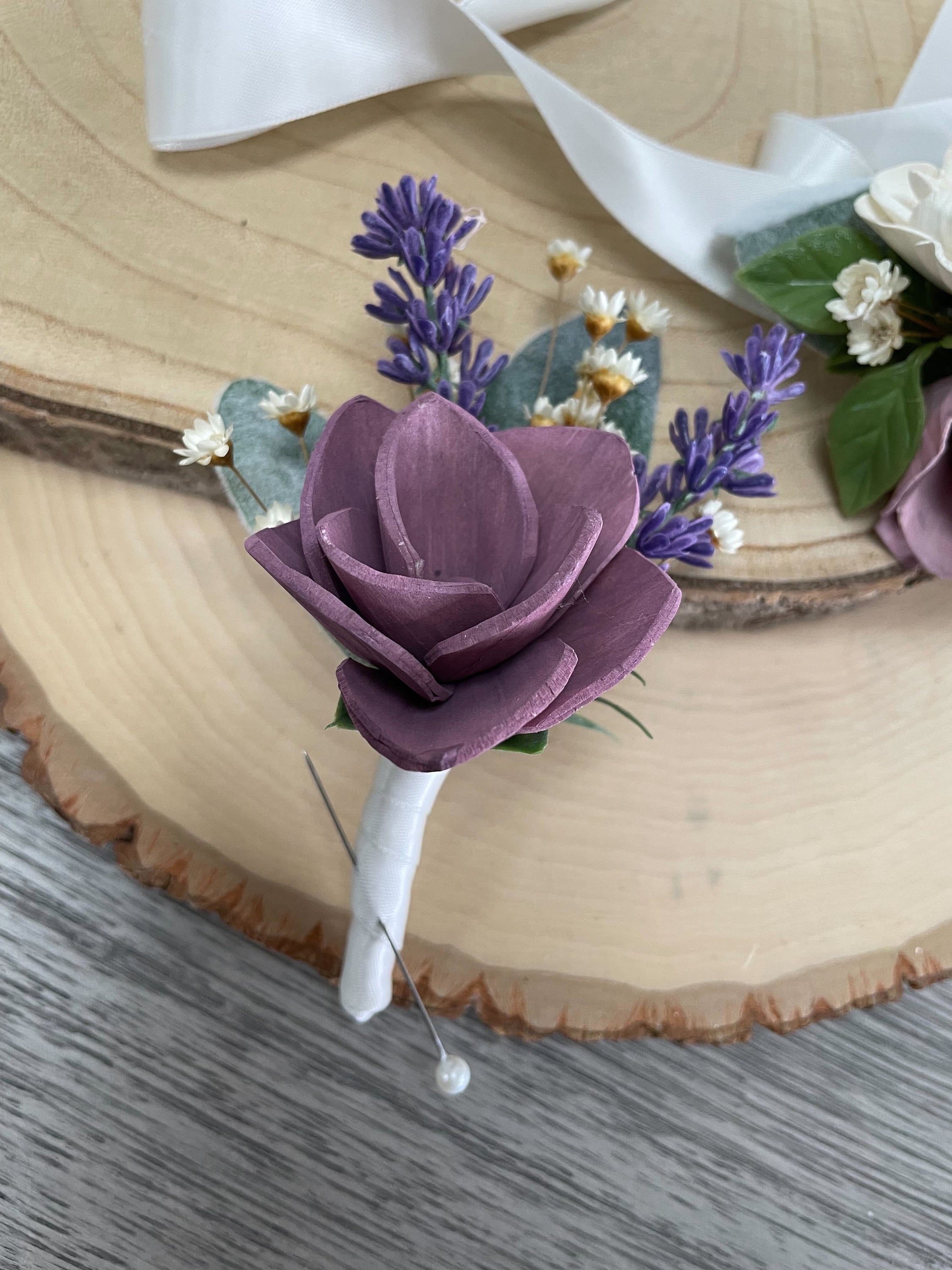 Purple Lavender Boutonniere and Corsage Set - Sola Wood Flowers - Home Pine and Petal Weddings Purple Lavender Boutonniere and Corsage Set - Sola Wood Flowers - Home Pine and Petal Weddings