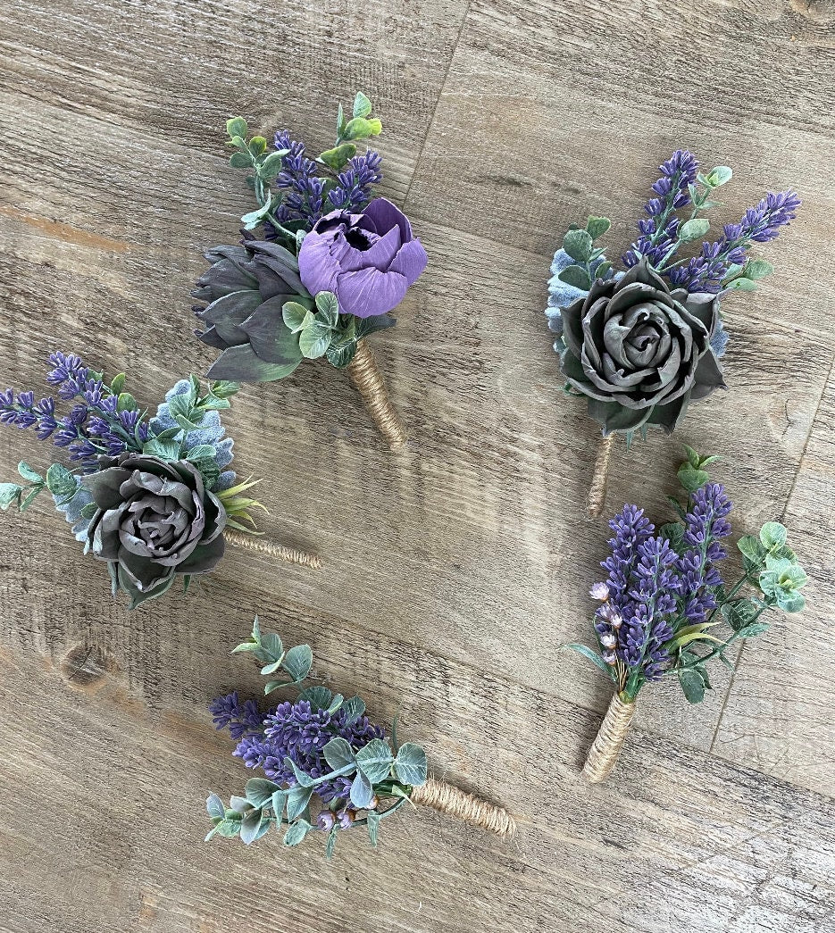 purple succulent boutonniere Purple Peonies and Succulent Boutonniere