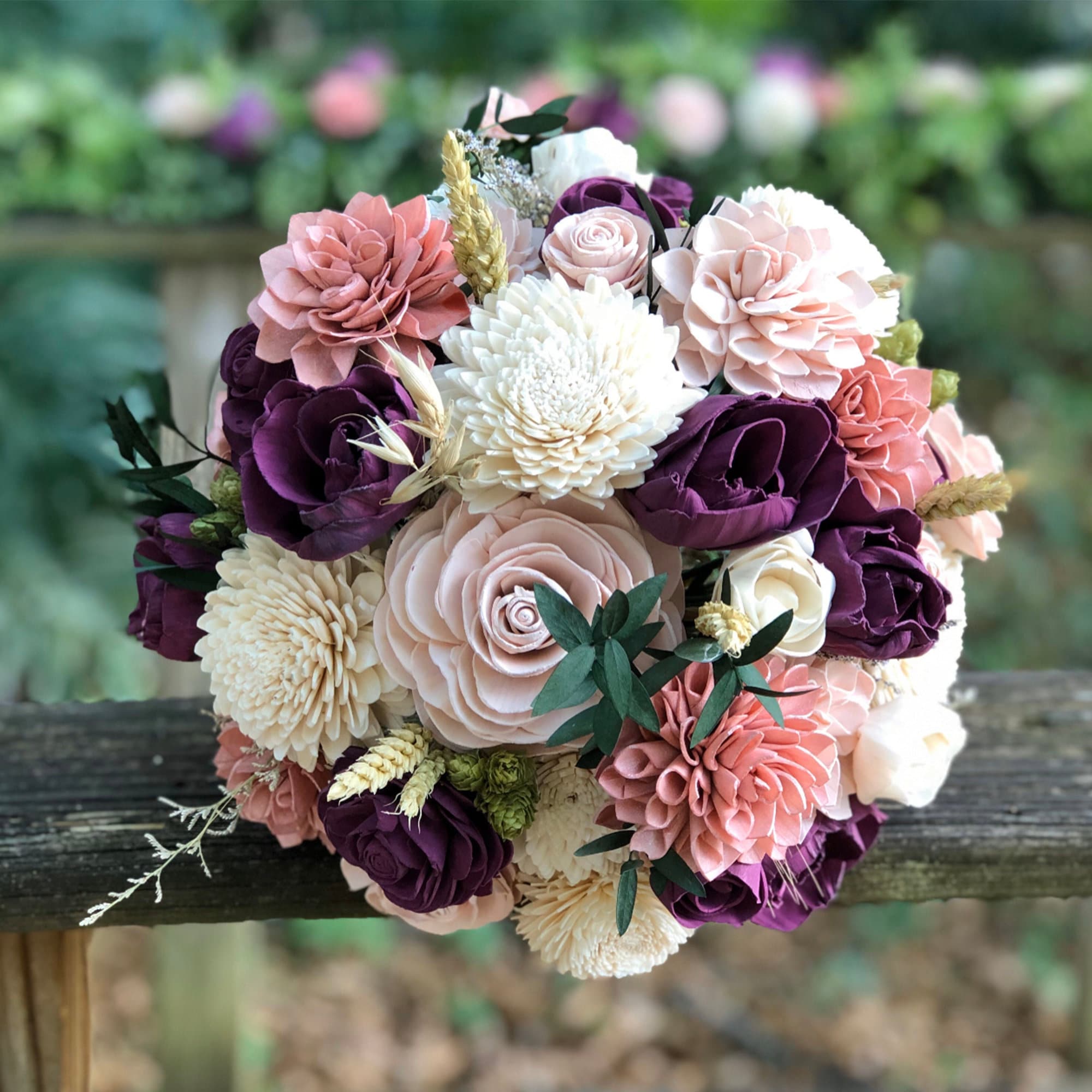 burgundy succulent bouquet Plum, Blush and Wheat Sola Flower Bouquet