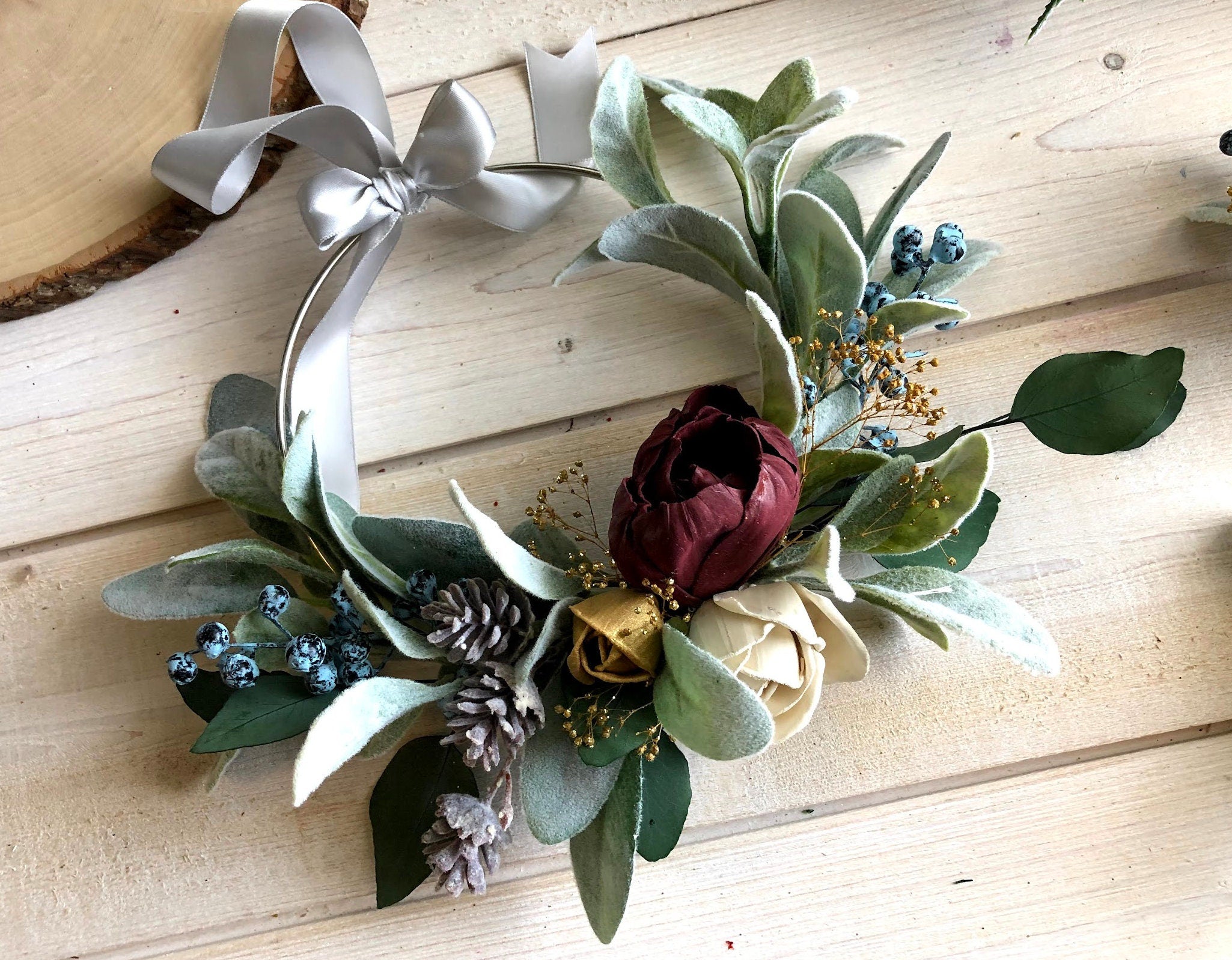 FlowerDreamsBoutique Sage Green Dusty Blue Flower Crown, Winter Wedding Crown, Boho Flower Crown