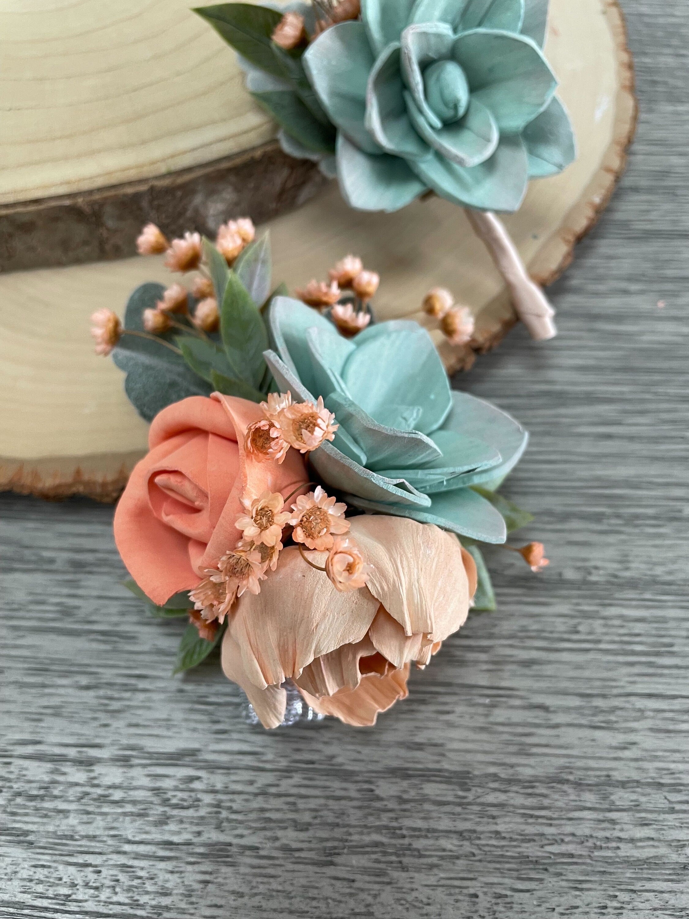corsage succulent Peach Coral and Seafoam Boutonniere and Corsage Set