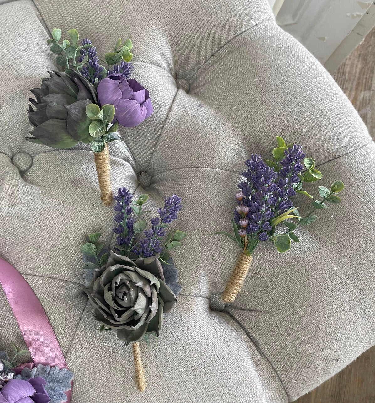 purple succulent boutonniere Purple Peonies and Succulent Boutonniere